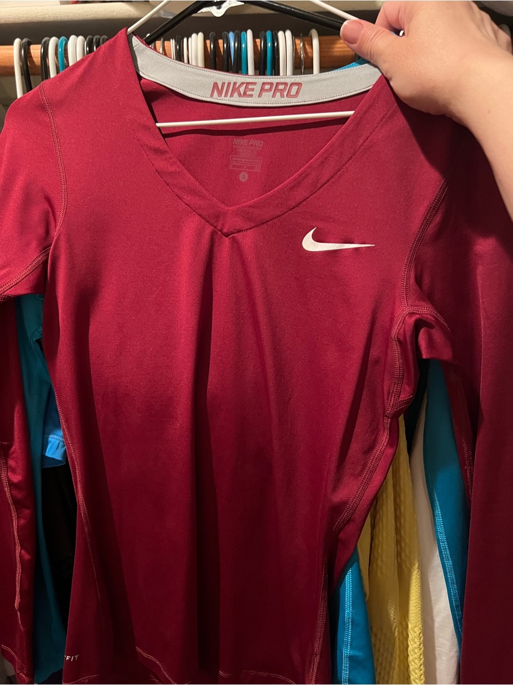 Nike Pro Women's Long-Sleeve V-Neck Top - Burgundy with White Swoosh